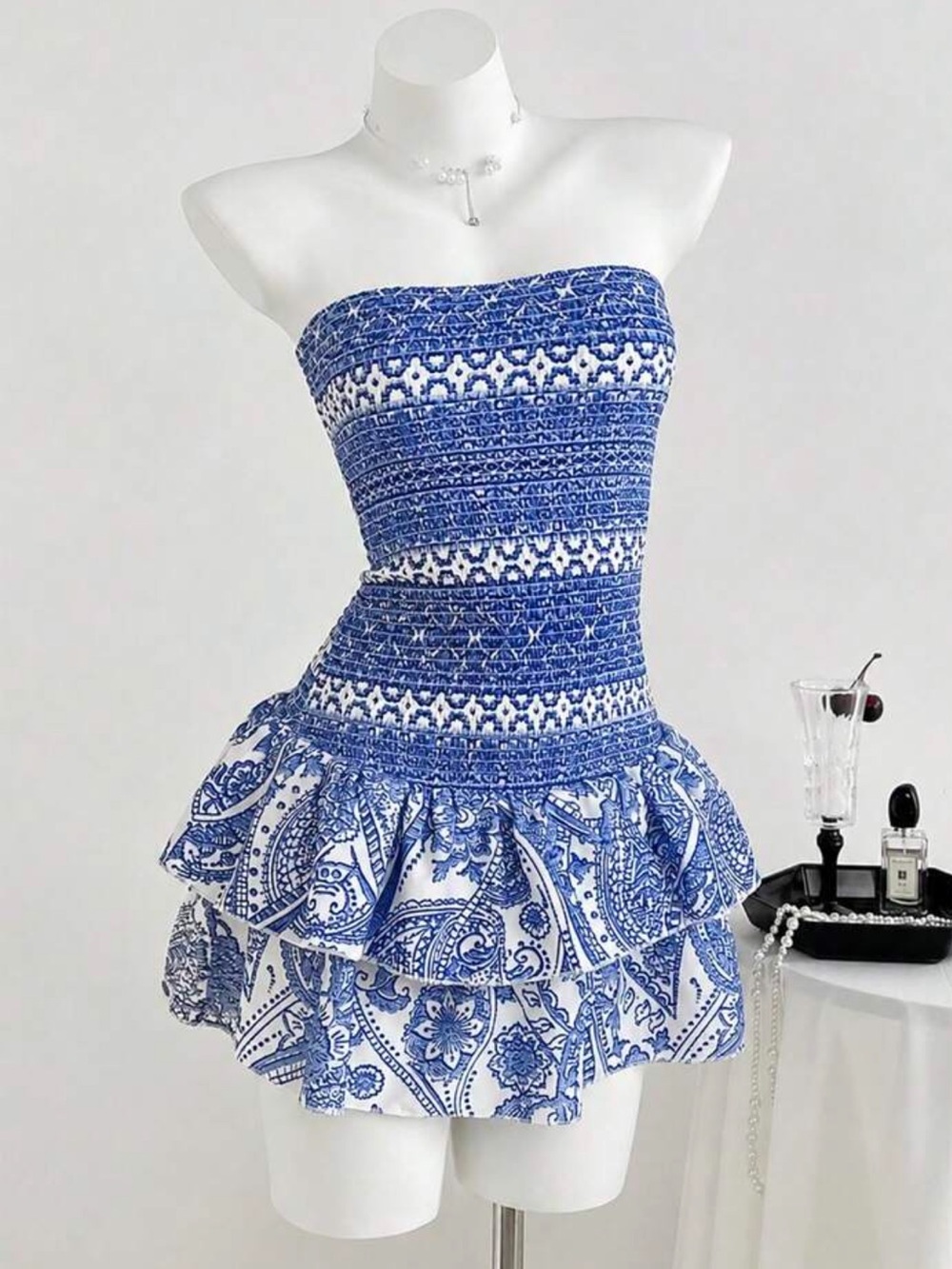 Blue & White Strapless Smocked Ruffle Mini Dress shorts attached